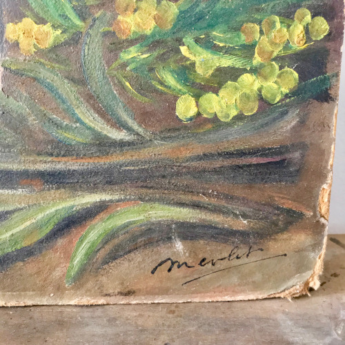 Huile sur panneau bouquet de mimosa