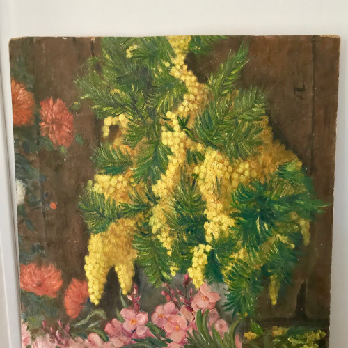 Huile sur panneau bouquet de mimosa